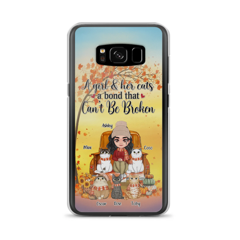Custom Personalized Cat Mom Fall Season Phone Case - Gift Idea For Cat Owners - Upto 5 Cats -  Case For iPhone/Samsung - A Girl & Her Cats A Bond That Can't Be Broken