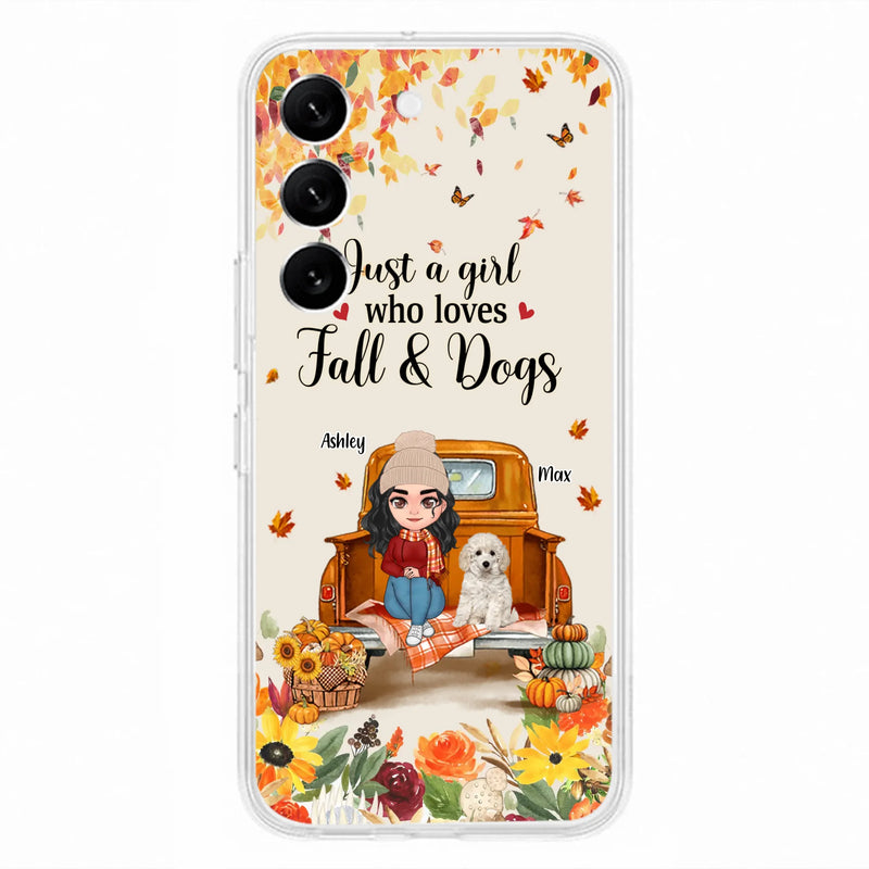 Custom Personalized Dog Mom Autumn Phone Case - Gift Idea For Dog Owners - Upto 5 Dogs -  Case For iPhone/Samsung - Just A Girl Who Loves Fall & Dogs