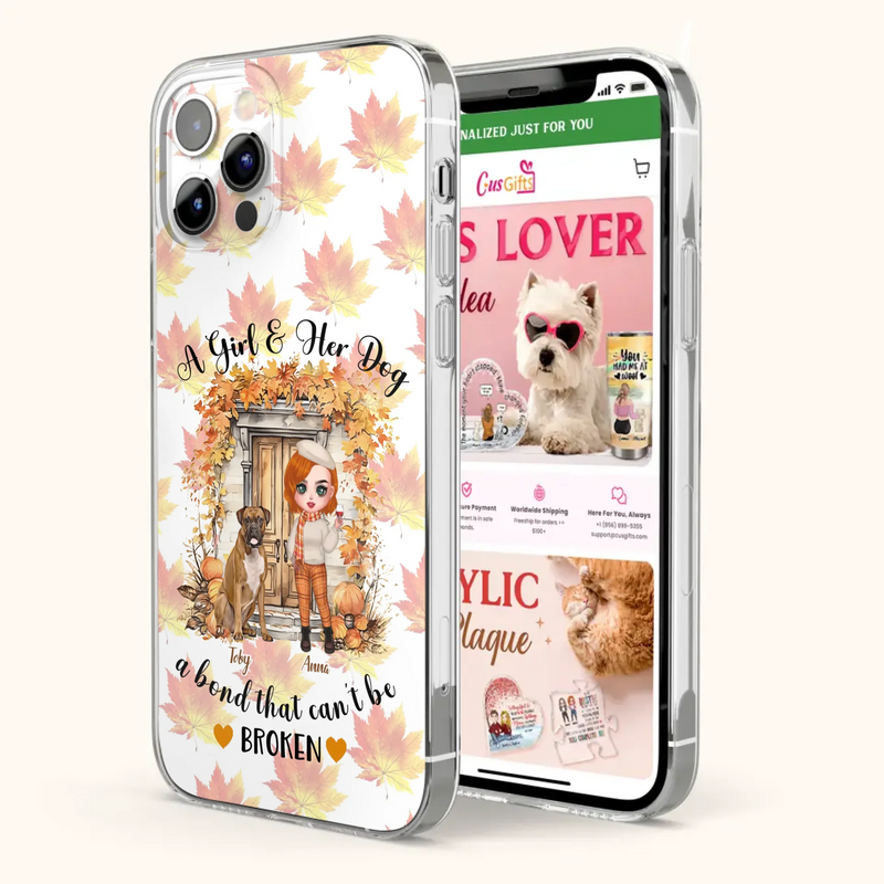 Custom Personalized Fall And Dogs Phone Case - Gift Idea for Dog Lovers - Upto 6 Dogs - A Girl & Her Dogs A Bond That Can't Be Broken - Case For iPhone And Samsung