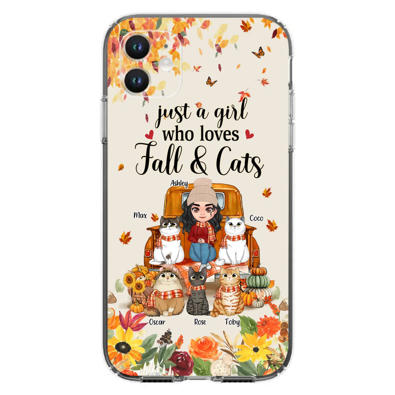 Custom Personalized Cat Mom Autumn Phone Case - Gift Idea For Cat Owners - Upto 5 Cats -  Case For iPhone/Samsung - Just A Girl Who Loves Fall & Cats