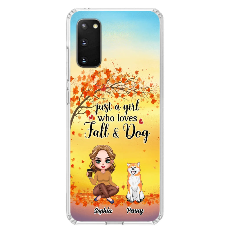 Custom Personalized Dog Mom Phone Case - Gift Idea For Dog Lovers/ Autumn Gift - Upto 4 Dogs - Just A Girl Who Loves Fall & Dogs - Case For iPhone/Samsung