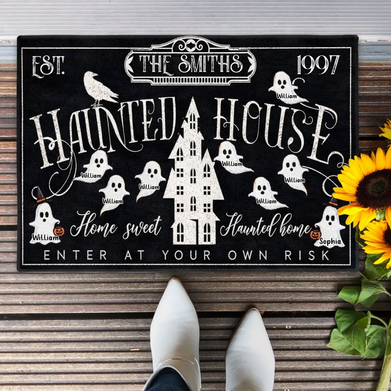 Personalized Haunted House Halloween Doormat - Custom Family Name Ghost Welcome Mat - Home Sweet Haunted Home Spooky Front Door Decor