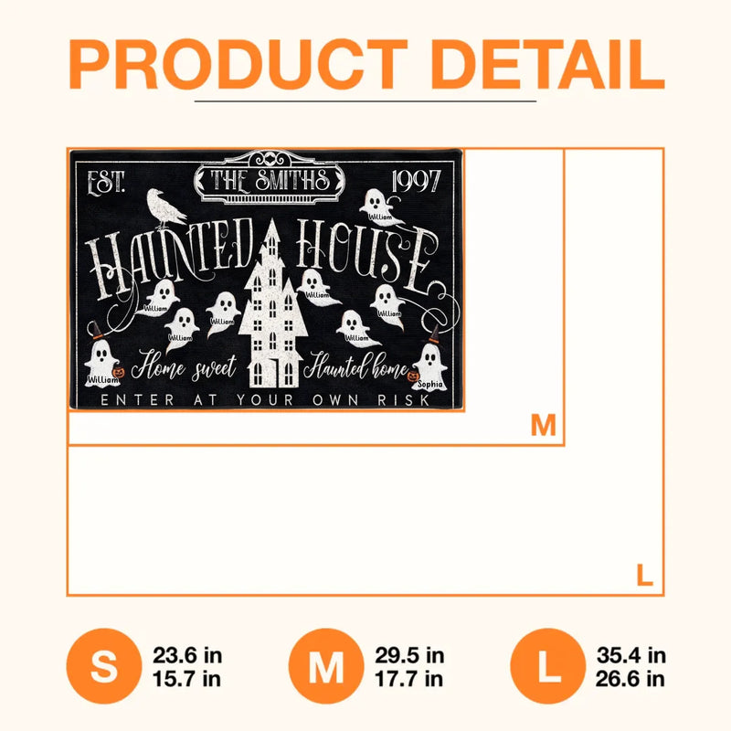 Personalized Haunted House Halloween Doormat - Custom Family Name Ghost Welcome Mat - Home Sweet Haunted Home Spooky Front Door Decor