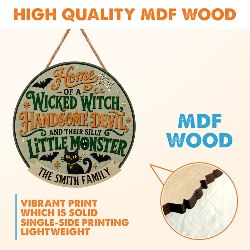 Personalized Halloween Family Wooden Sign - Custom Family Name Wicked Witch & Handsome Devil Wooden Hanging Sign