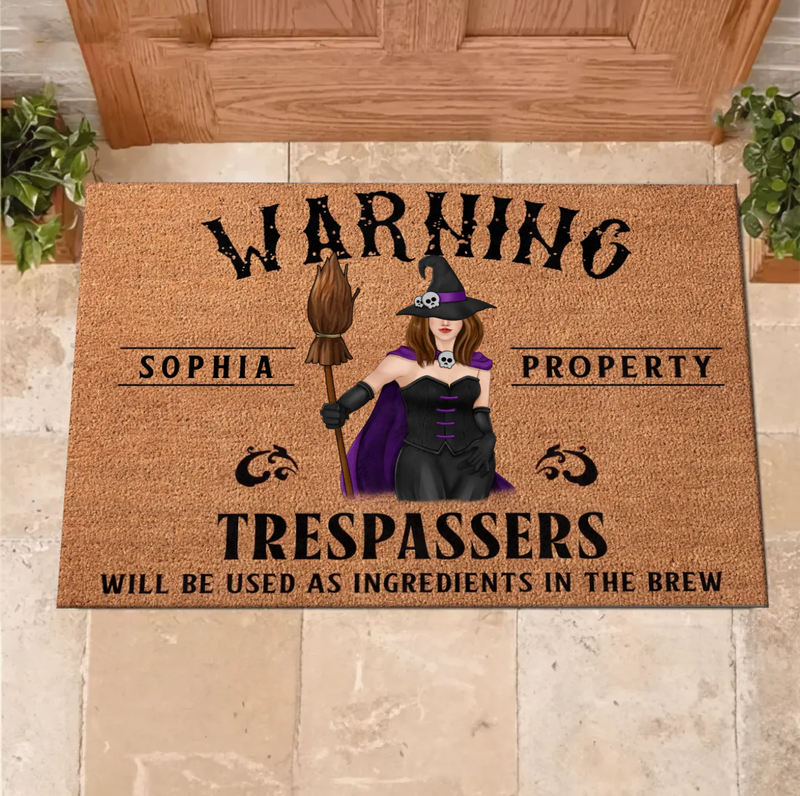 Personalized Witch Halloween Doormat – Custom Name Warning Trespassers Witch Welcome Mat – Spooky Front Door & Porch Decor