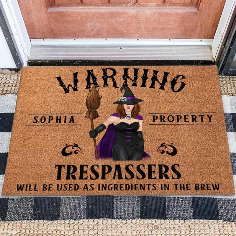 Personalized Witch Halloween Doormat – Custom Name Warning Trespassers Witch Welcome Mat – Spooky Front Door & Porch Decor
