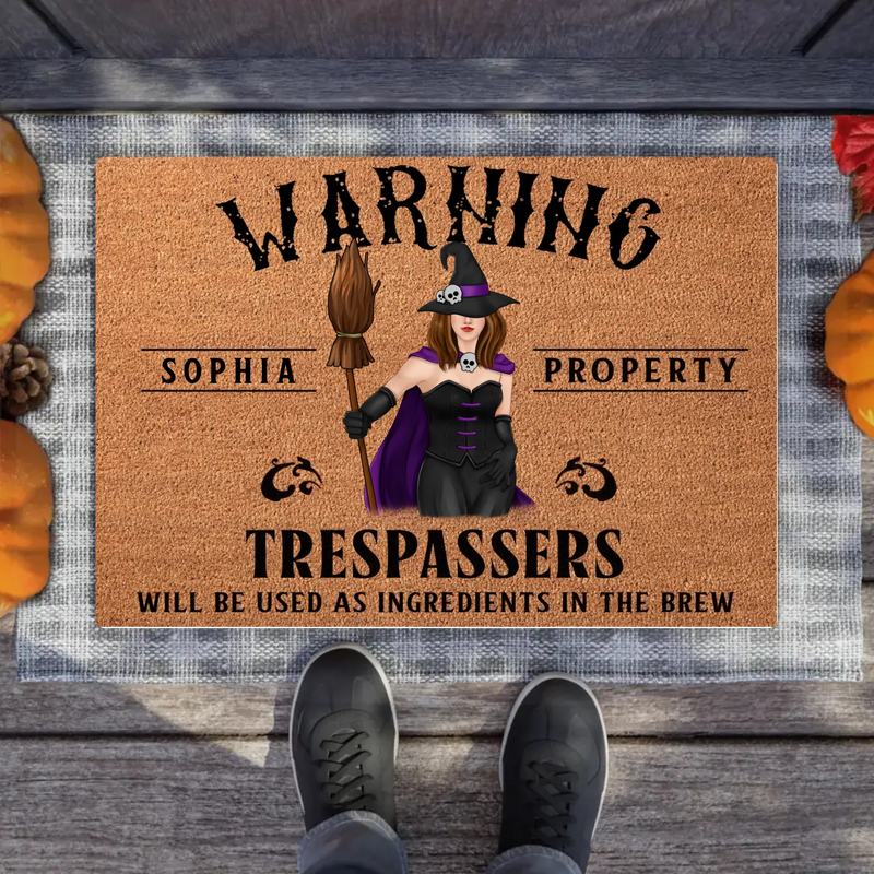 Personalized Witch Halloween Doormat – Custom Name Warning Trespassers Witch Welcome Mat – Spooky Front Door & Porch Decor