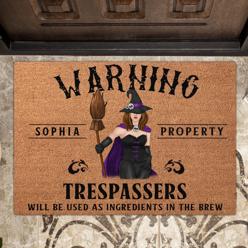 Personalized Witch Halloween Doormat – Custom Name Warning Trespassers Witch Welcome Mat – Spooky Front Door & Porch Decor