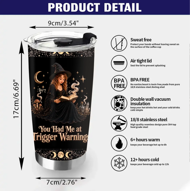 Personalized Witch Reading Book Tumbler – Custom Photo & Name - You Had Me at Trigger Warning - Witchy Gift for Women