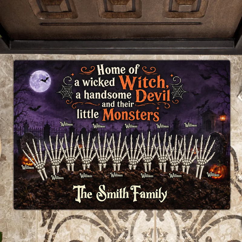 Personalized Spooky Hand Family Doormat – Halloween Gift Idea - Home Of A Wicked Witch, A Handsome Devil And Their Little Monsters