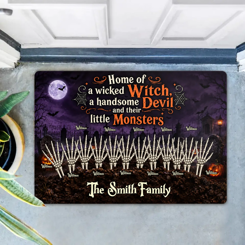 Personalized Spooky Hand Family Doormat – Halloween Gift Idea - Home Of A Wicked Witch, A Handsome Devil And Their Little Monsters