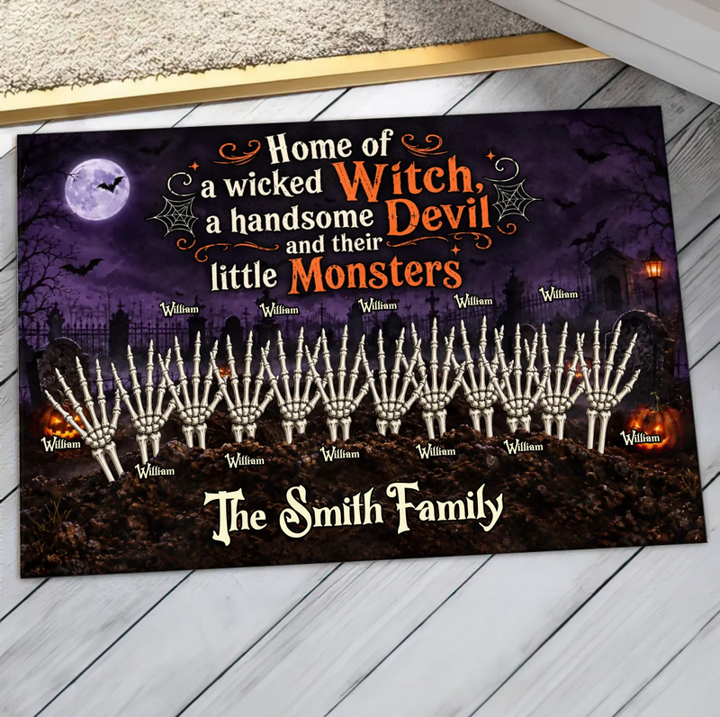 Personalized Spooky Hand Family Doormat – Halloween Gift Idea - Home Of A Wicked Witch, A Handsome Devil And Their Little Monsters
