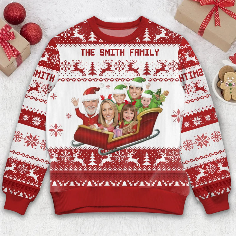Personalized Family Christmas AOP Sweater - AOP Ugly Sweater with Custom Faces on Santa Sleigh - Perfect Holiday Gift