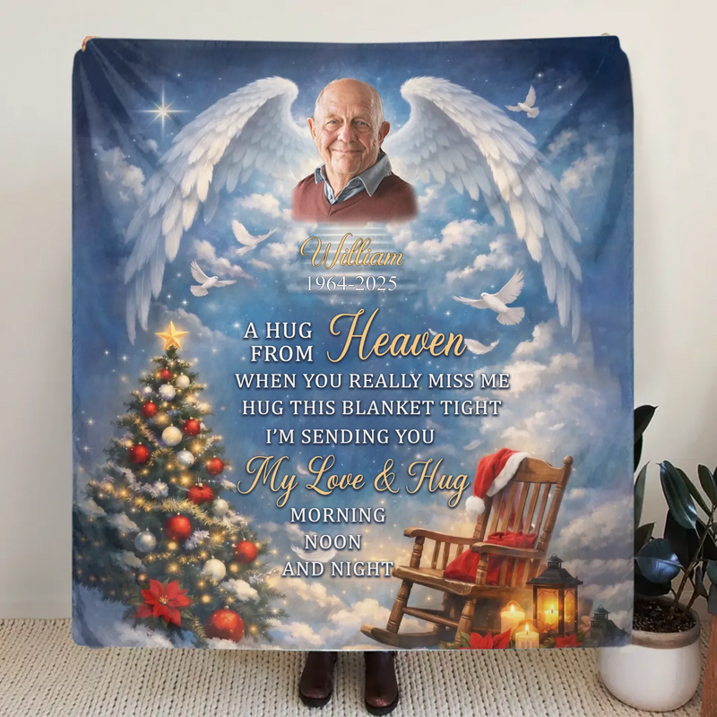 Personalized Memorial Fleece Throw Blanket – Custom Photo, Name & Years, Loss of Loved One Remembrance Gift – A Hug From Heaven