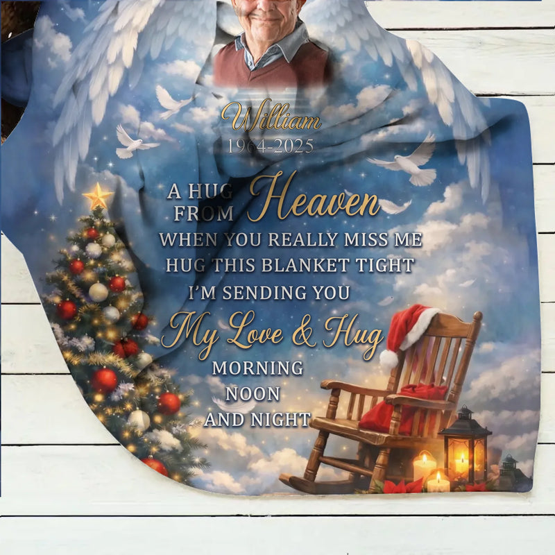 Personalized Memorial Fleece Throw Blanket – Custom Photo, Name & Years, Loss of Loved One Remembrance Gift – A Hug From Heaven