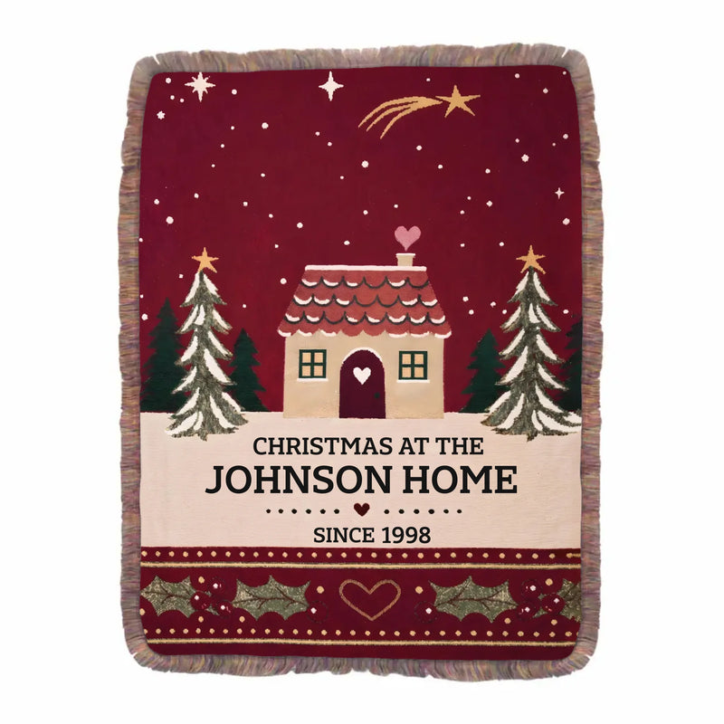 Personalized Family Christmas Fringe Blanket – Custom Family Name & Year, Christmas at Our Home Holiday Keepsake