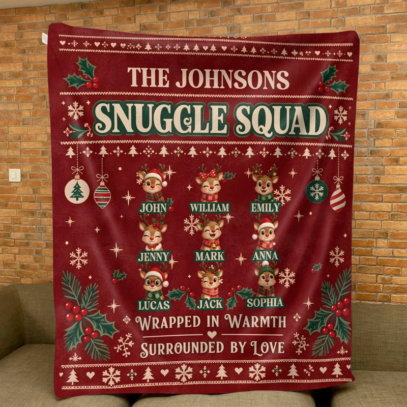 Personalized Family Christmas Blanket – Up to 9 Members, Custom Names & Reindeer Characters – Snuggle Squad, Wrapped in Warmth Surrounded by Love